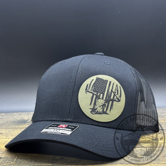 Patriotic Buck Skull Leather Patch Hat